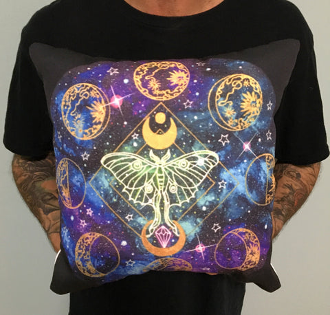 Cosmic Luna Moth Moon Phase Pillow 14”x14”